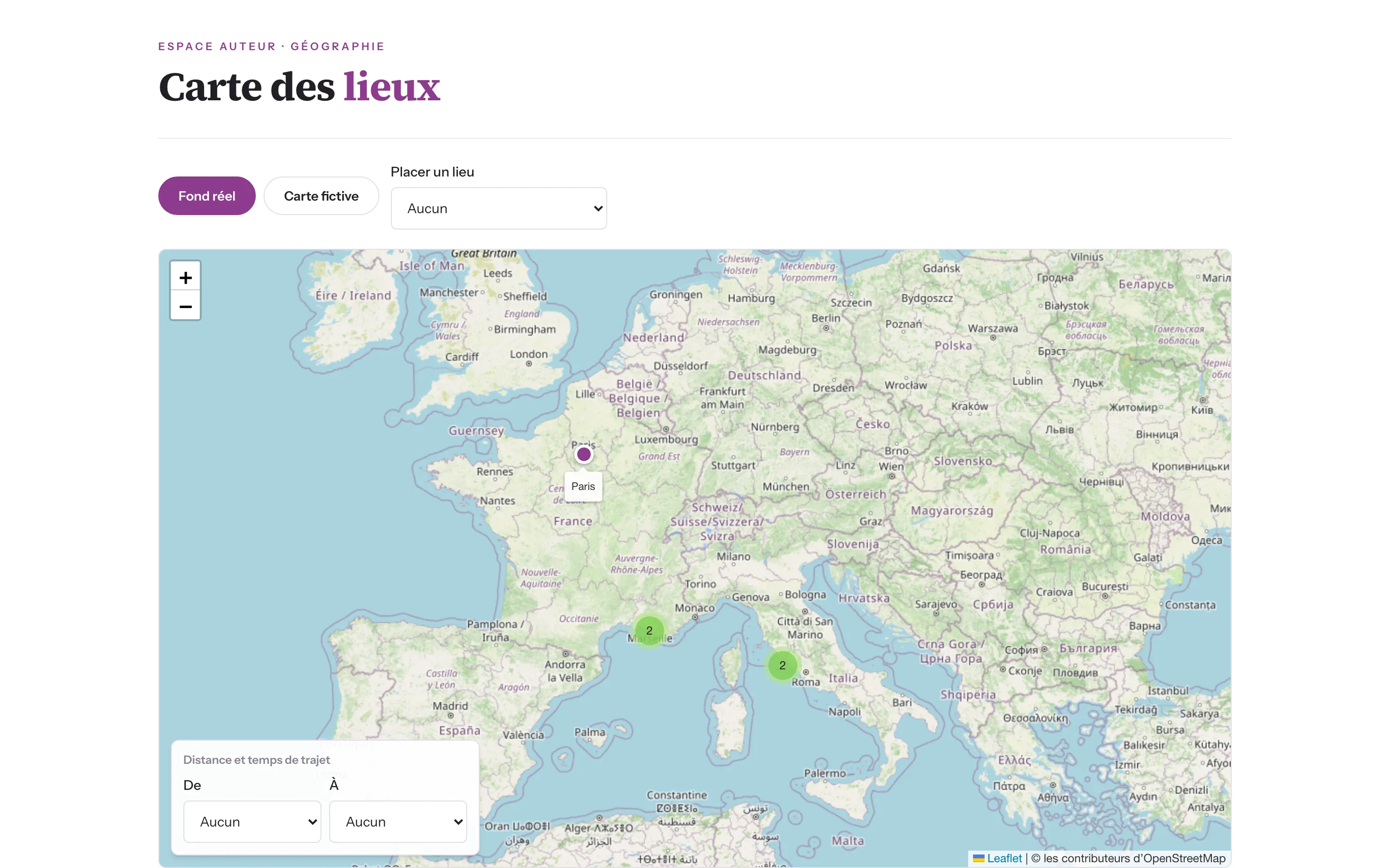 Capture de la carte de « Monte-Cristo » : Marseille, Rome et Paris positionnés sur fond réel, avec distances et temps de trajet