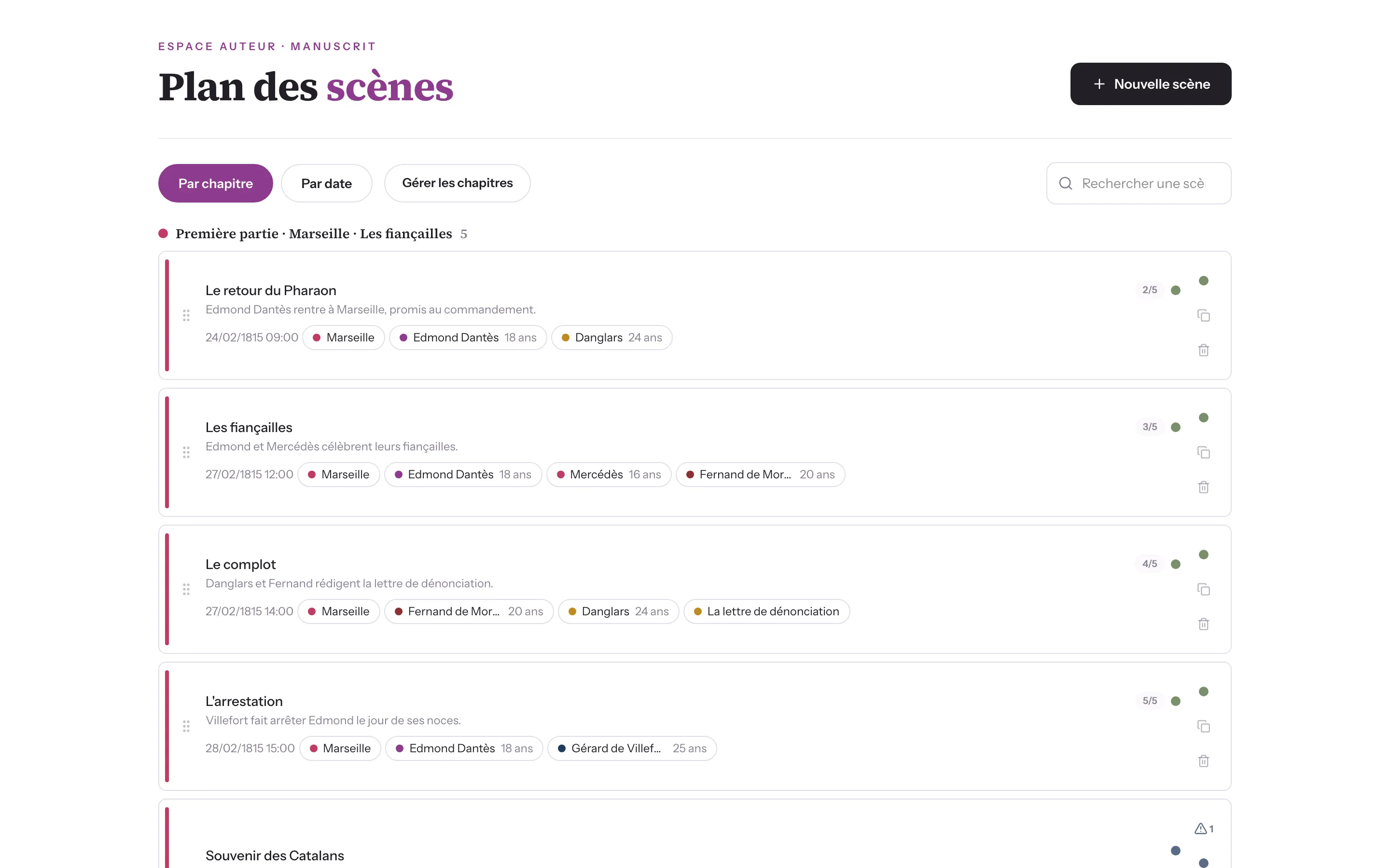 Capture du Plan des scènes de « Monte-Cristo » : les scènes par chapitre, avec dates, lieux et personnages