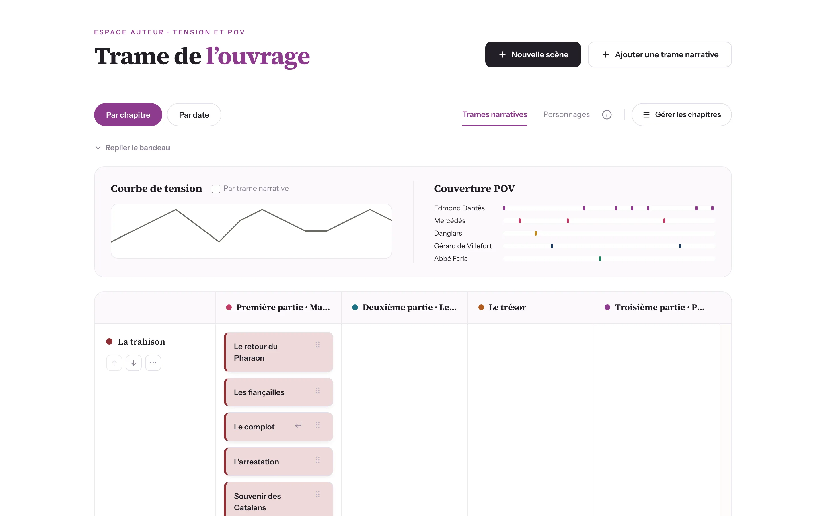Capture de la Trame de « Monte-Cristo » : trames narratives en lignes, chapitres en colonnes, courbe de tension et couverture des points de vue